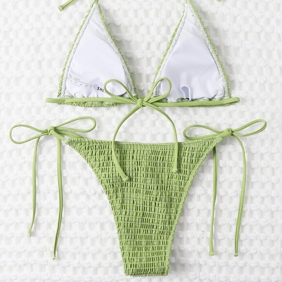 Olive Green Sexy Women's Summer Beach Mono Bikini Set Smocked Micro Triangle Bra - Picture 2 of 5